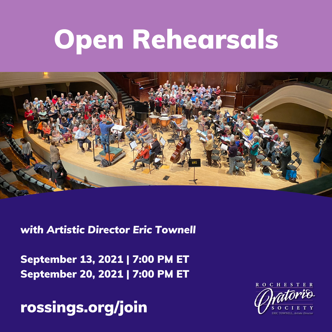 Open rehearsals, purple graphic with photo of Rochester Oratorio Society Chorus practicing